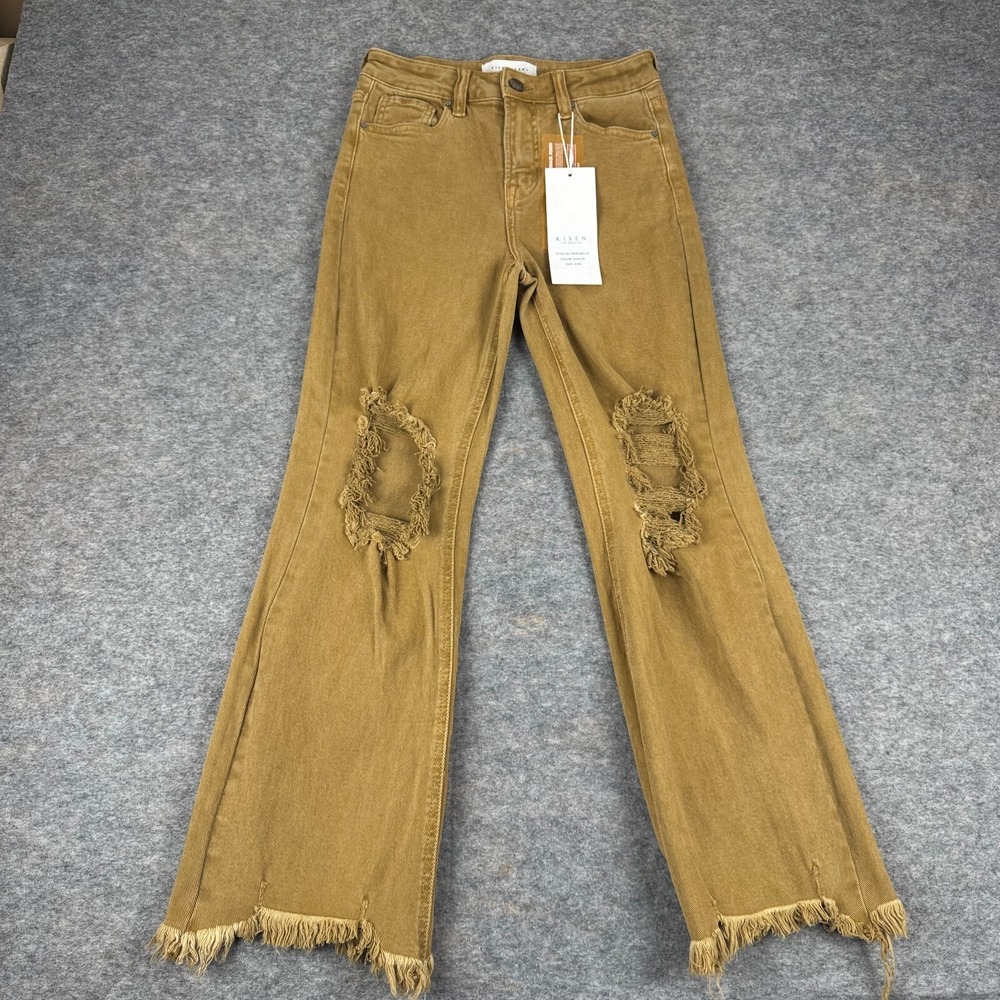 RISEN High Rise Straight Jeans Distressed Gold Frayed Hem Womens 3 26